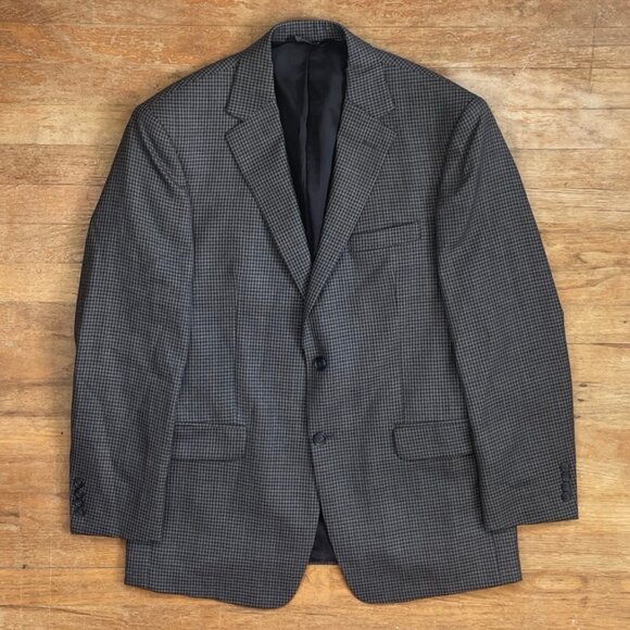 Vintage Mens Wool Blazer Size 42R Micro Plaid 1990s Sport Coat Suit Jacket Gray - Picture 1 of 5